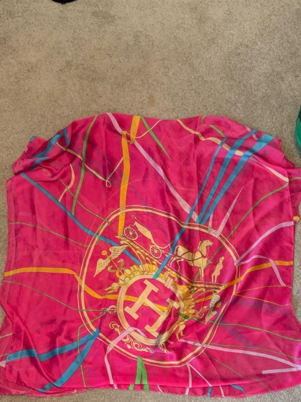Hermes Pink Multicolor Silk Scarf with Gold Emblem